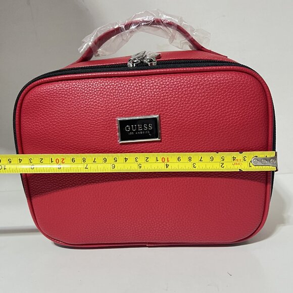 NEW GUESS Red Pebbled Faux Leather Travel Case & Makeup Bag Set - Picture 13 of 16